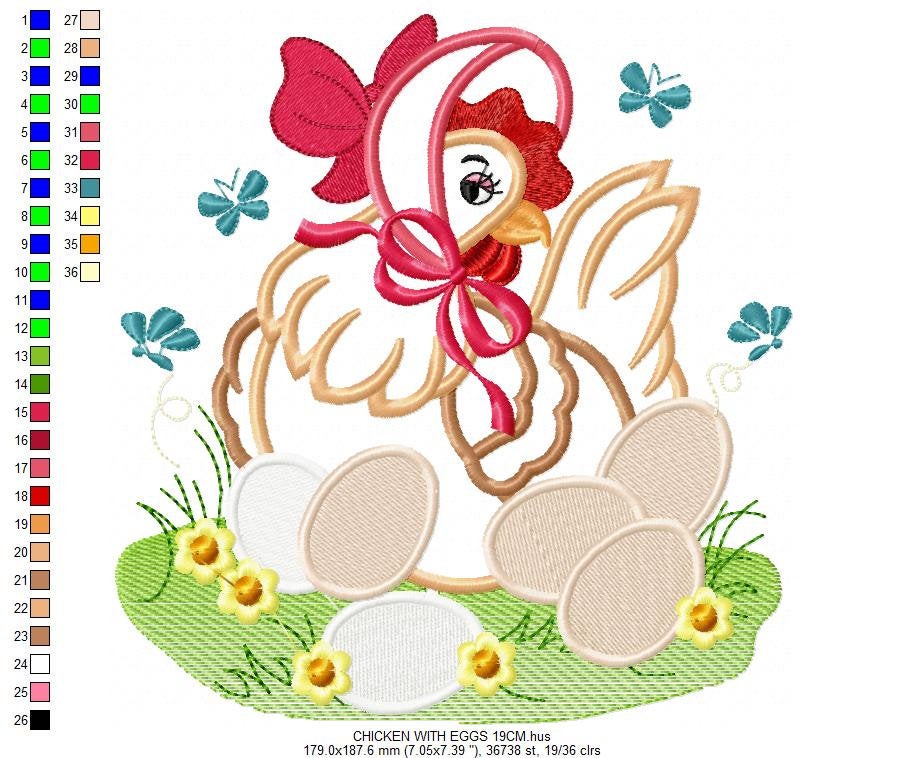 Chicken with eggs embroidery designs - Farm embroidery design machine embroidery pattern - instant download - Kitchen towel embroidery file