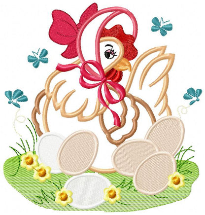Chicken with eggs embroidery designs - Farm embroidery design machine embroidery pattern - instant download - Kitchen towel embroidery file