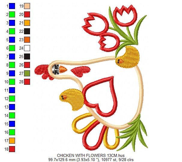 Chicken with flowers embroidery designs - Farm animal embroidery design machine embroidery pattern - Chicken applique - Instant download pes