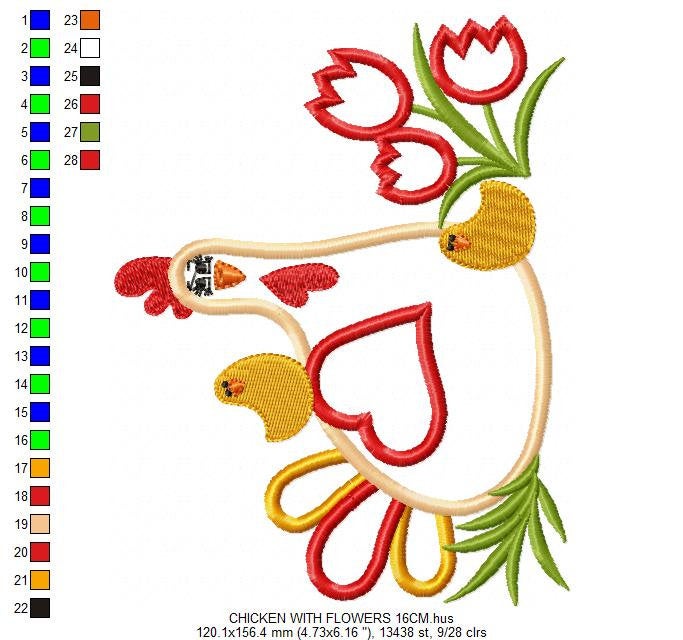 Chicken with flowers embroidery designs - Farm animal embroidery design machine embroidery pattern - Chicken applique - Instant download pes