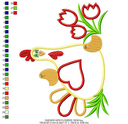 Chicken with flowers embroidery designs - Farm animal embroidery design machine embroidery pattern - Chicken applique - Instant download pes