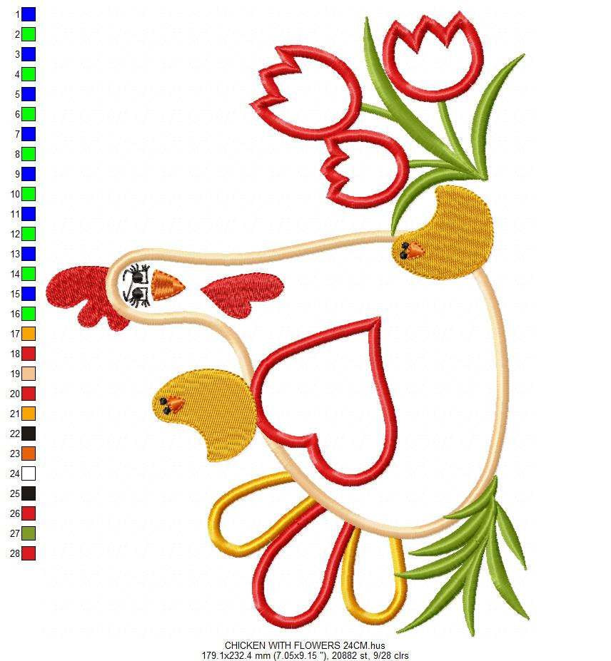 Chicken with flowers embroidery designs - Farm animal embroidery design machine embroidery pattern - Chicken applique - Instant download pes