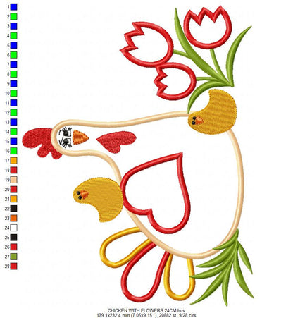 Chicken with flowers embroidery designs - Farm animal embroidery design machine embroidery pattern - Chicken applique - Instant download pes