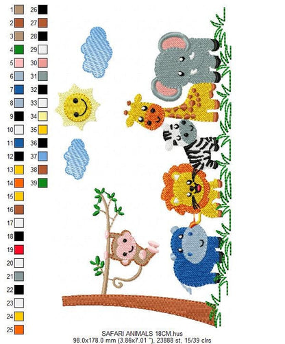Safari wild animals embroidery designs - Elephant Giraffe Monkey Hippo Lion Zebra machine embroidery pattern - Instant download pes jef dst