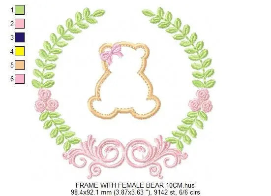 Bear with wreath embroidery design - Teddy Bear with laurel frame machine embroidery pattern - baby girl and boy file - Instant download pes Marcia Embroidery