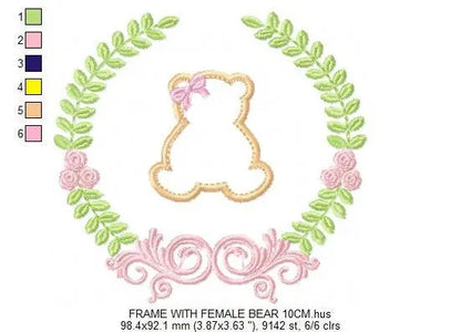 Bear with wreath embroidery design - Teddy Bear with laurel frame machine embroidery pattern - baby girl and boy file - Instant download pes Marcia Embroidery