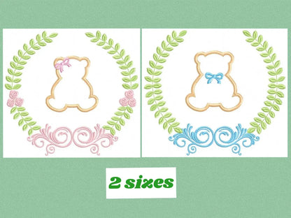 Bear with wreath embroidery design - Teddy Bear with laurel frame machine embroidery pattern - baby girl and boy file - Instant download pes Marcia Embroidery
