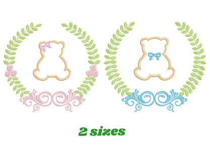 Bear with wreath embroidery design - Teddy Bear with laurel frame machine embroidery pattern - baby girl and boy file - Instant download pes Marcia Embroidery