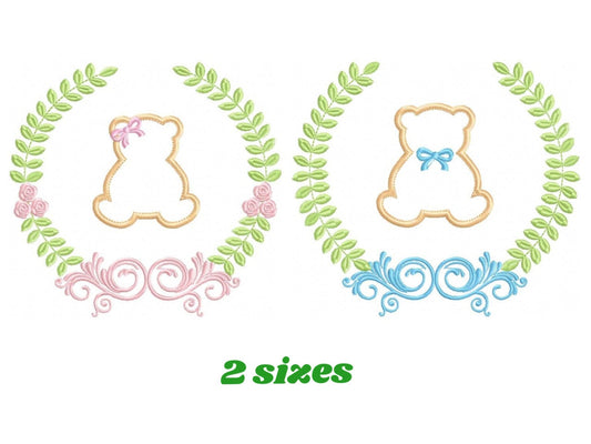 Bear with wreath embroidery design - Teddy Bear with laurel frame machine embroidery pattern - baby girl and boy file - Instant download pes