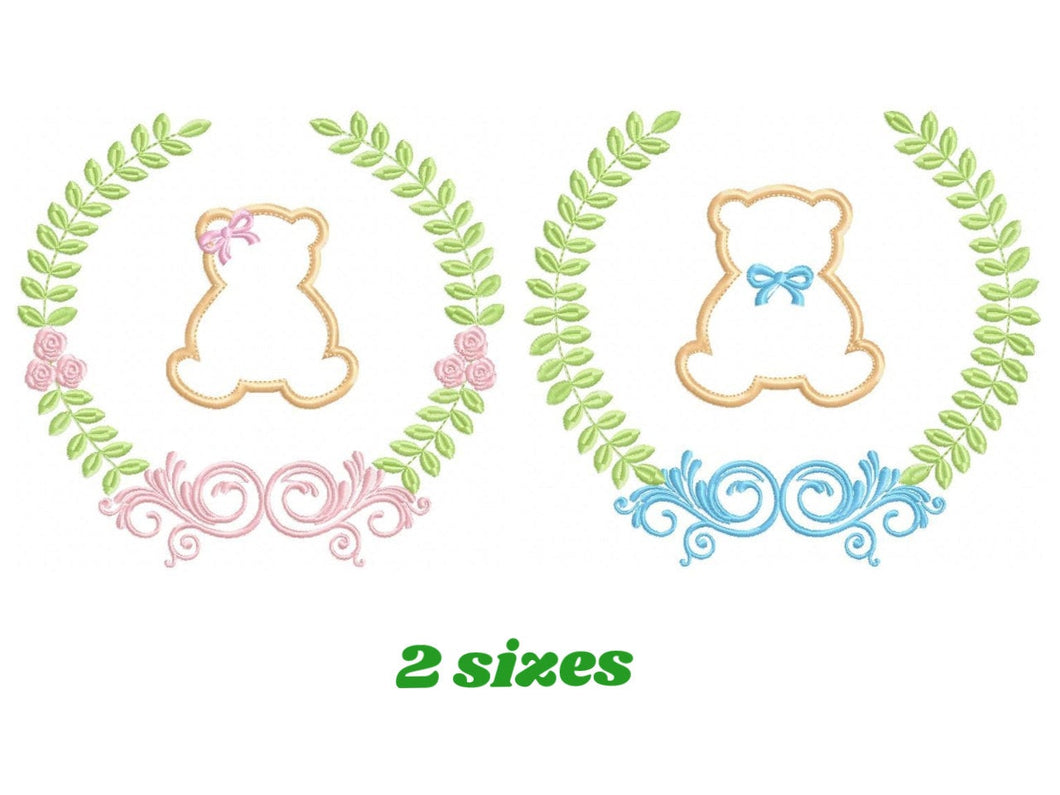 Bear with wreath embroidery design - Teddy embroidery design machine embroidery pattern - baby girl embroidery file - Boy applique design