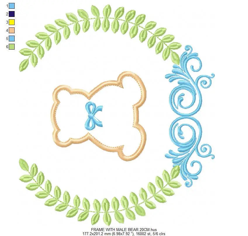 Bear with wreath embroidery design - Teddy Bear with laurel frame machine embroidery pattern - baby girl and boy file - Instant download pes Marcia Embroidery