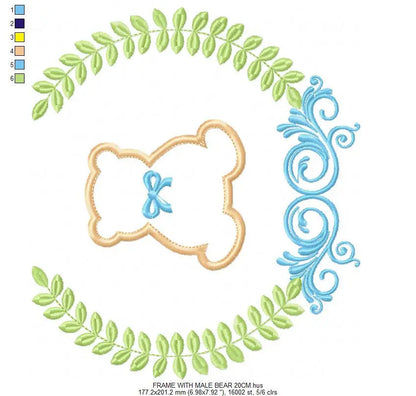 Bear with wreath embroidery design - Teddy Bear with laurel frame machine embroidery pattern - baby girl and boy file - Instant download pes Marcia Embroidery