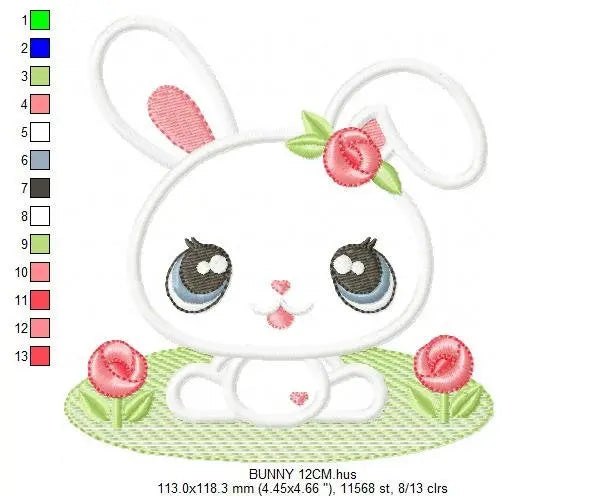 Bunny embroidery design - Rabbit with flowers applique machine embroidery pattern -  Baby girl easter bunny with flowers - Instant download Marcia Embroidery