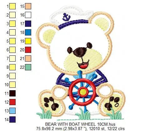 Sailor Bear embroidery design - Teddy machine embroidery pattern - Sailor bear applique design - Bear with cap and rudder - Instant download Marcia Embroidery