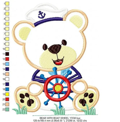 Sailor Bear embroidery design - Teddy machine embroidery pattern - Sailor bear applique design - Bear with cap and rudder - Instant download Marcia Embroidery