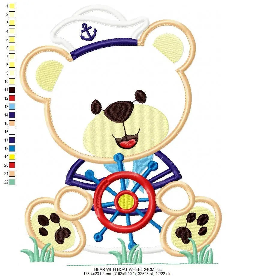 Sailor Bear embroidery design - Teddy machine embroidery pattern - Sailor bear applique design - Bear with cap and rudder - Instant download Marcia Embroidery