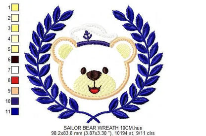 Bear embroidery designs - Laurel embroidery design machine embroidery pattern -  Sailor bear embroidery -sailor wreath design Teddy bear Marcia Embroidery