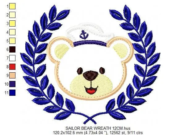 Bear embroidery designs - Laurel embroidery design machine embroidery pattern -  Sailor bear embroidery -sailor wreath design Teddy bear Marcia Embroidery