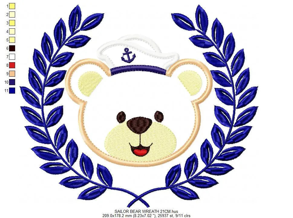 Bear embroidery designs - Laurel embroidery design machine embroidery pattern -  Sailor bear embroidery -sailor wreath design Teddy bear Marcia Embroidery