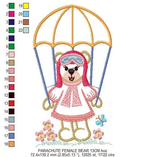 Female Bear with parachute embroidery designs - Skydiver embroidery design machine embroidery pattern - bear embroidery file - Pilot Bear Marcia Embroidery