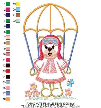 Female Bear with parachute embroidery designs - Skydiver embroidery design machine embroidery pattern - bear embroidery file - Pilot Bear Marcia Embroidery