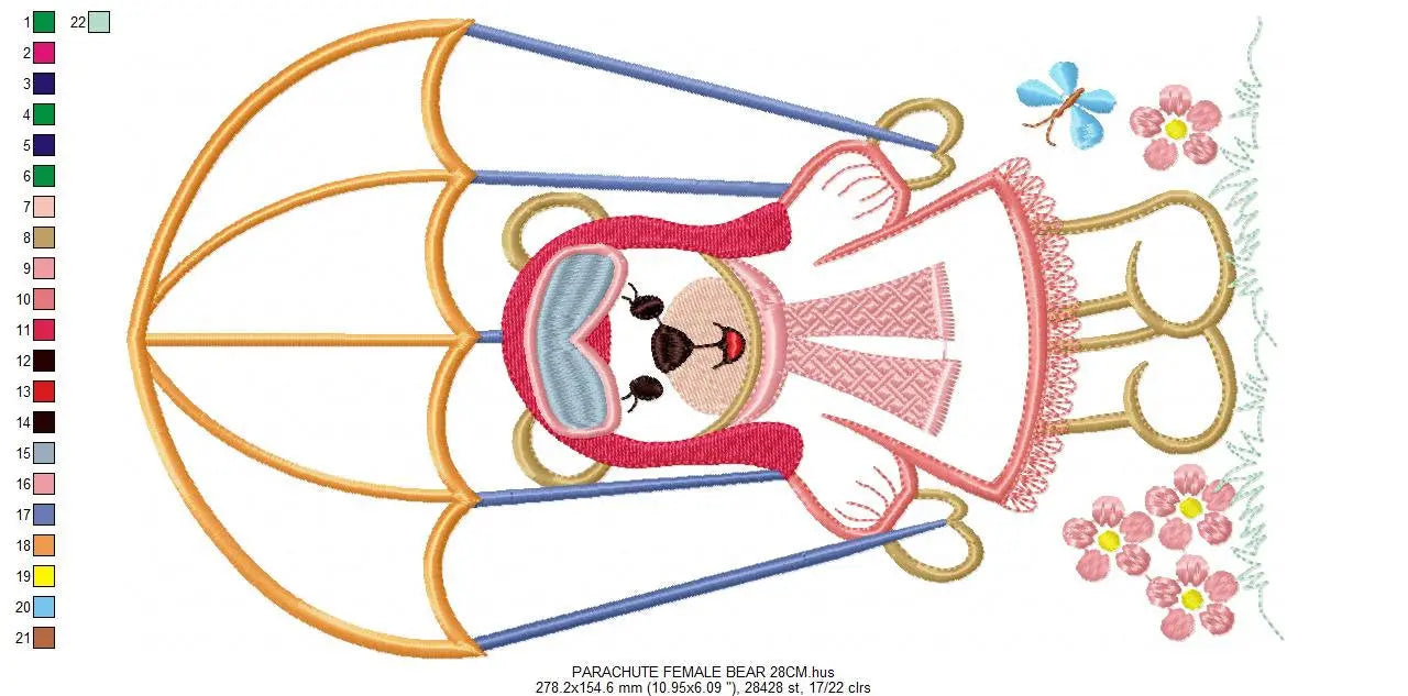 Female Bear with parachute embroidery designs - Skydiver embroidery design machine embroidery pattern - bear embroidery file - Pilot Bear Marcia Embroidery