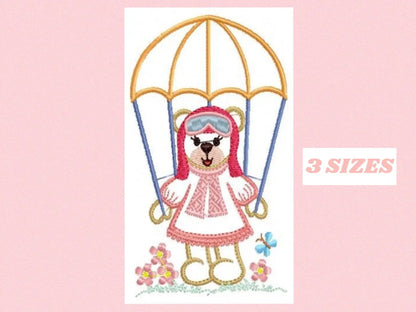 Female Bear with parachute embroidery designs - Skydiver embroidery design machine embroidery pattern - bear embroidery file - Pilot Bear Marcia Embroidery