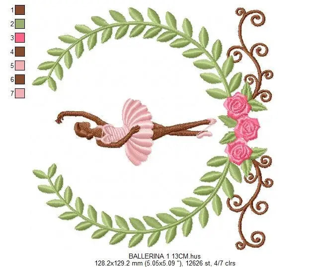 Ballerina embroidery designs - Ballet dancer in a delicate laurel frame machine embroidery pattern - Instant digital download pes jef dst Marcia Embroidery