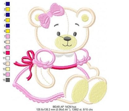 Bear embroidery designs - Baby girl embroidery design machine embroidery pattern - Female bear embroidery file - Teddy Bear applique design