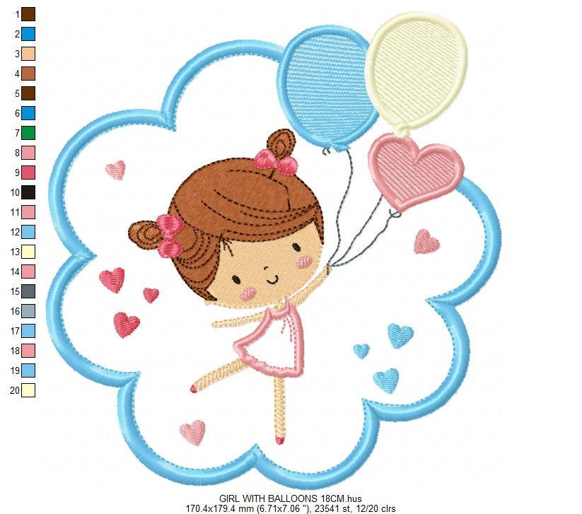 Girl embroidery designs - Girl with frame embroidery design machine embroidery pattern - girl with balloons applique design baby embroidery