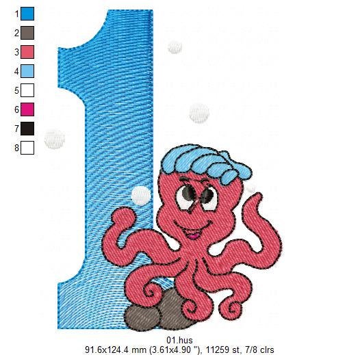 Birthday Numbers embroidery designs set - Numbers with sea animals Embroidery Design Machine embroidery file - Numbers with fishes design