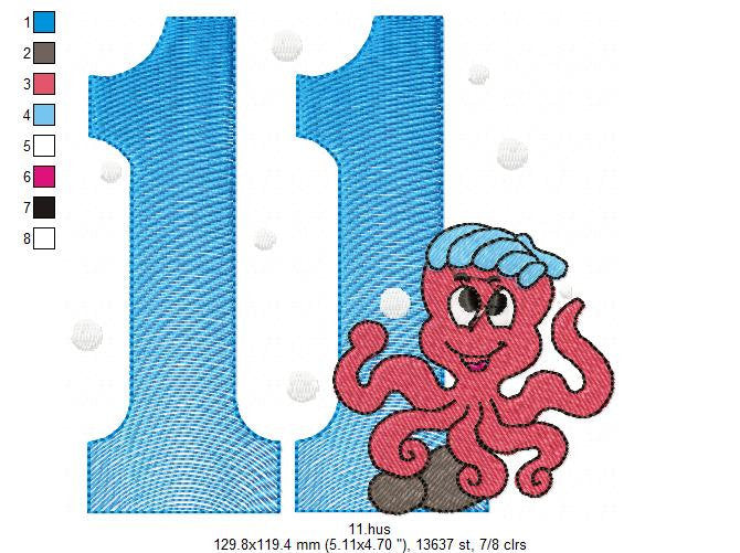 Birthday Numbers embroidery designs set - Numbers with sea animals Embroidery Design Machine embroidery file - Numbers with fishes design