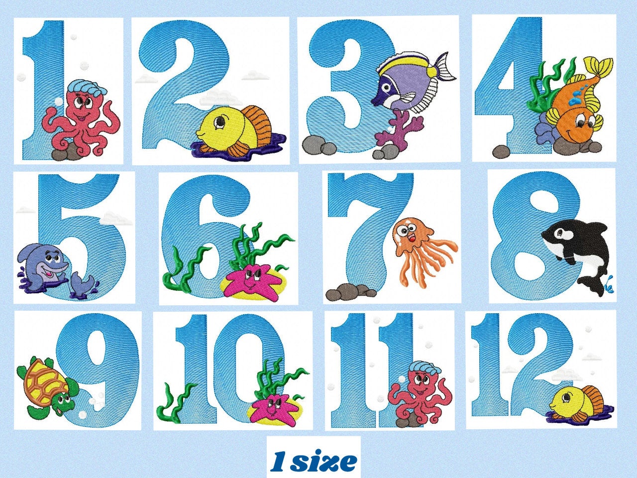 Birthday Numbers embroidery designs set - Numbers with sea animals Embroidery Design Machine embroidery file - Numbers with fishes design