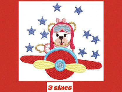 Pilot Bear embroidery designs - Plane embroidery design machine embroidery pattern - Female bear applique design - baby girl embroidery