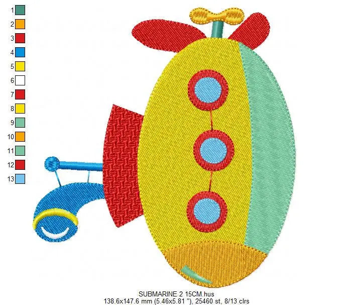 Submarine embroidery design - Submersible Boat machine embroidery pattern - Baby boy nautical file - Instant digital download pes jef dst Marcia Embroidery