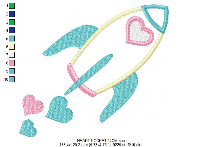 Rocket embroidery designs - Spaceshift with hearts machine embroidery pattern - Baby Girl Astronaut -  Rocket applique - Instant download