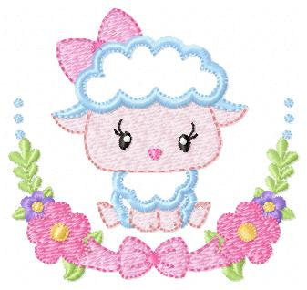 Sheep with flower and bow frame embroidery design - Lamb applique embroidery designs machine embroidery pattern - Instant download pes jef