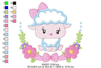 Sheep with flower and bow frame embroidery design - Lamb applique embroidery designs machine embroidery pattern - Instant download pes jef