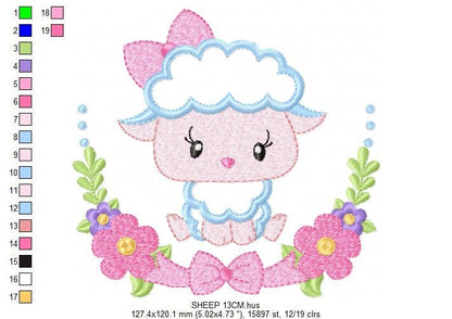 Sheep with flower and bow frame embroidery design - Lamb applique embroidery designs machine embroidery pattern - Instant download pes jef