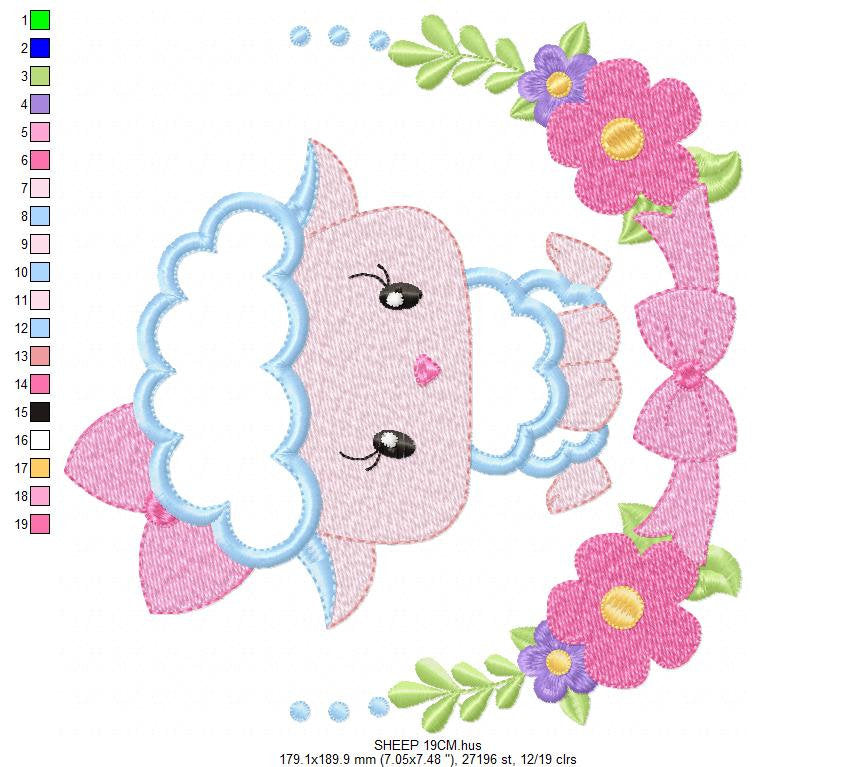 Sheep with flower and bow frame embroidery design - Lamb applique embroidery designs machine embroidery pattern - Instant download pes jef