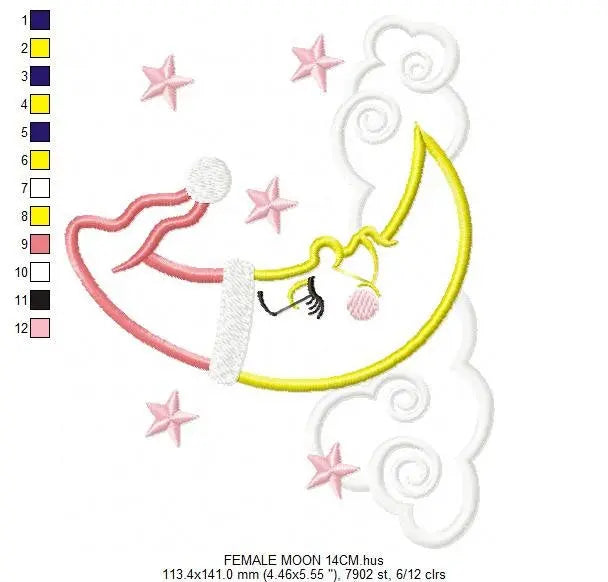 Sleeping moon embroidery design - Half moon embroidery design machine embroidery pattern - Pillow embroidery file - moon applique design Marcia Embroidery