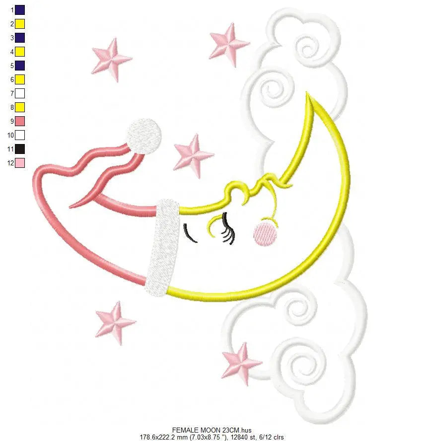 Sleeping moon embroidery design - Half moon embroidery design machine embroidery pattern - Pillow embroidery file - moon applique design Marcia Embroidery
