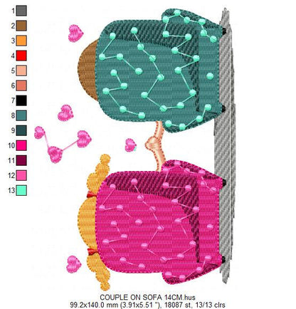 Couple on couch embroidery designs - Love Valentines embroidery design machine embroidery pattern - Boyfriend girlfriend - instant download