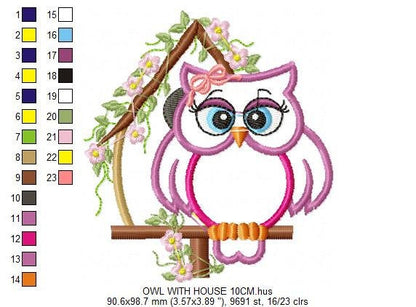 Owl embroidery design - Owl on branch applique machine embroidery pattern - Kitchen towel file - Owl applique - Instant digital download pes