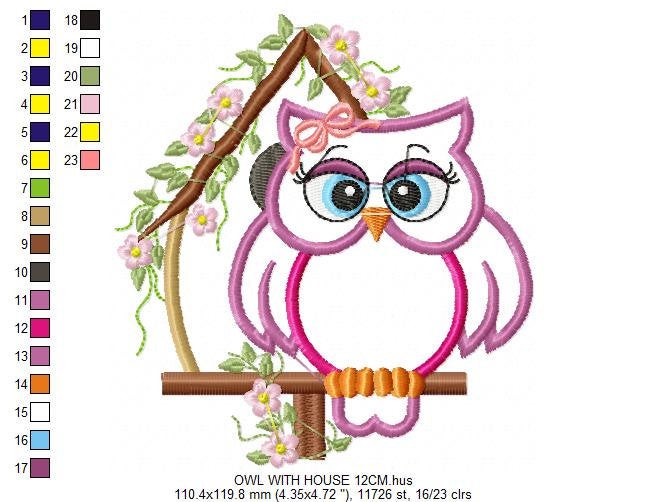 Owl embroidery design - Owl on branch applique machine embroidery pattern - Kitchen towel file - Owl applique - Instant digital download pes