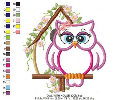Owl embroidery design - Owl on branch applique machine embroidery pattern - Kitchen towel file - Owl applique - Instant digital download pes