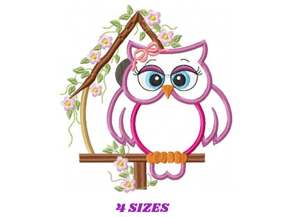 Owl embroidery design - Owl on branch applique machine embroidery pattern - Kitchen towel file - Owl applique - Instant digital download pes