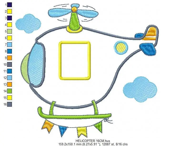 Helicopter with clouds embroidery designs - Chopper applique machine embroidery pattern - Baby boy file - Instant digital download pes jef Marcia Embroidery