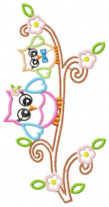 Owl with flowers embroidery design - Owl family on branch applique machine embroidery pattern - Kitchen towel file - Instant download pes