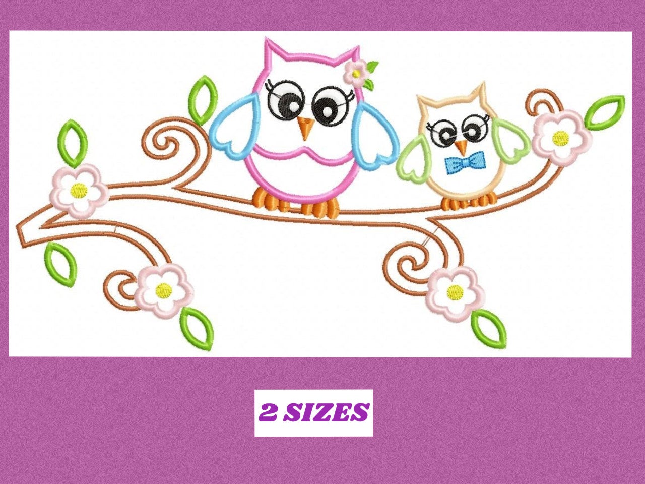 Owl with flowers embroidery design - Owl family on branch applique machine embroidery pattern - Kitchen towel file - Instant download pes